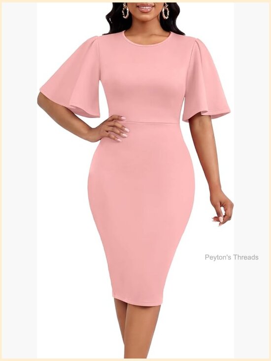 Dresses & Skirts - Bodycon Midi Dress with Flared Short Sleeves for Work Wedding Guest Business